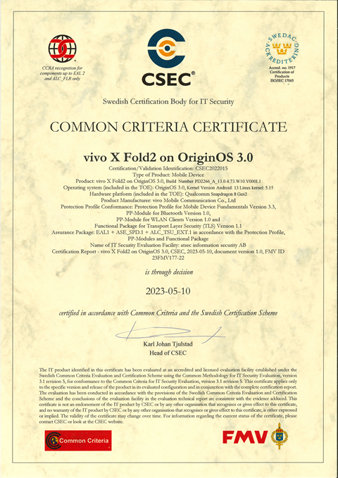 折叠屏全球首个！vivo X Fold2获最新版 CC MDFPP认证